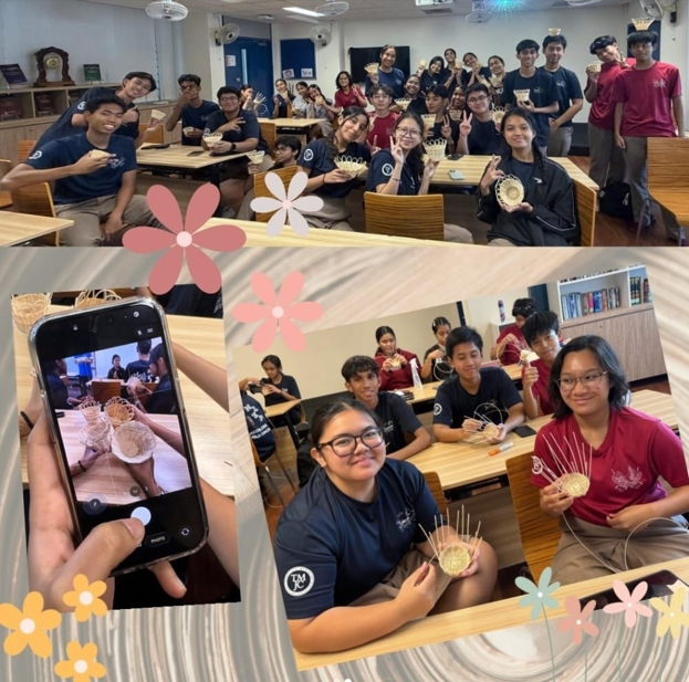 Students sit at tables in a classroom, proudly holding up small woven baskets they have made. A collage of three photos shows the group and close-up shots of the baskets.